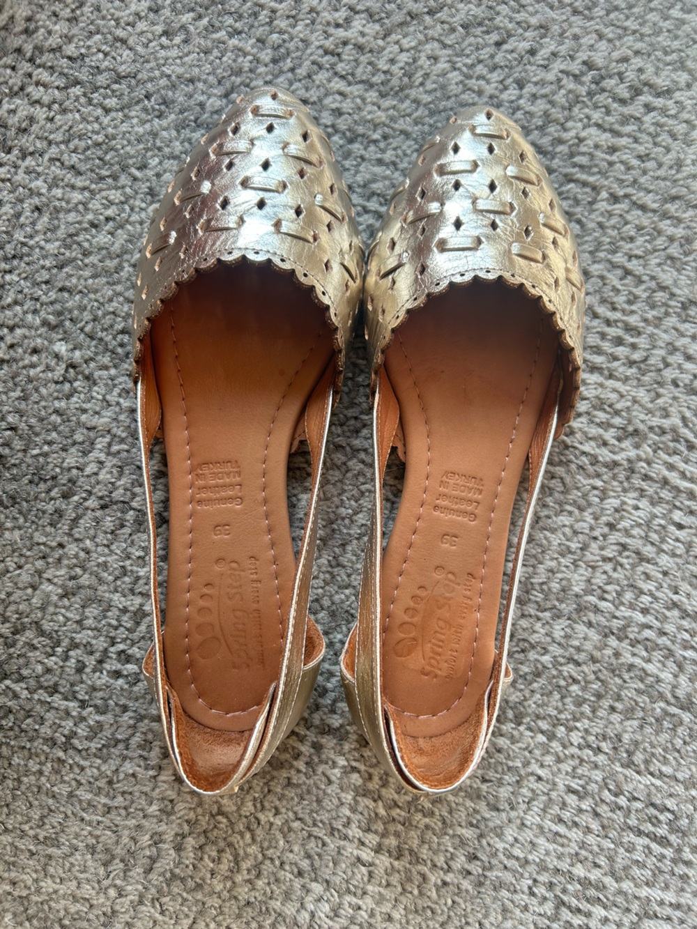 Spring Step Metallic Gold Leather Scalloped Slingback Flats